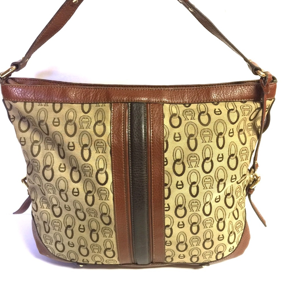 Aigner Signature Canvas Leather Large Zip Tote Bag